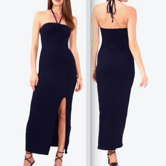 1. STATE Ruched Rib Knit Halter Maxi Dress, Navy Blue, Size Small, NWT - Picture 4 of 7
